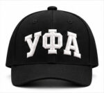 Чёрная бейсболка с белой объёмной вышивкой «УФА» и гнутым козырьком — вид спереди